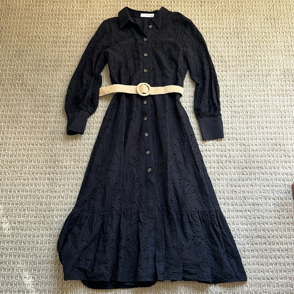 Mango Black Long Sleeve Eyelet Midi Dress